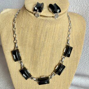 BlackThermoset Bead Necklace & Clip Earring Set